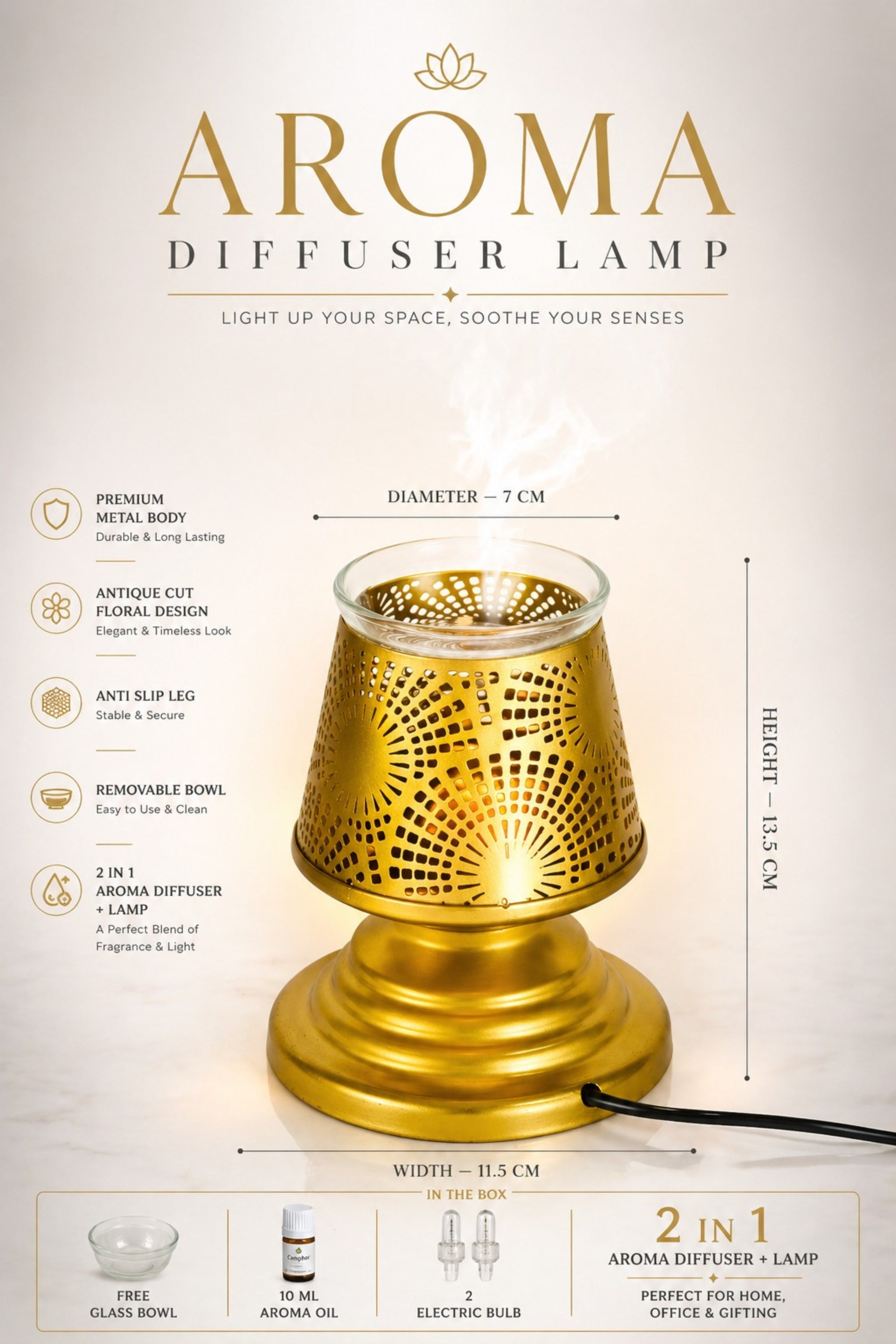 Premium Metal Aroma Diffuser Lamp with Glass Bowl | Elegant Cutwork Electric Oil Burner | Warm Ambient Light Aromatherapy Diffuser | Decorative Fragrance Lamp for Home, Office & Gifting
