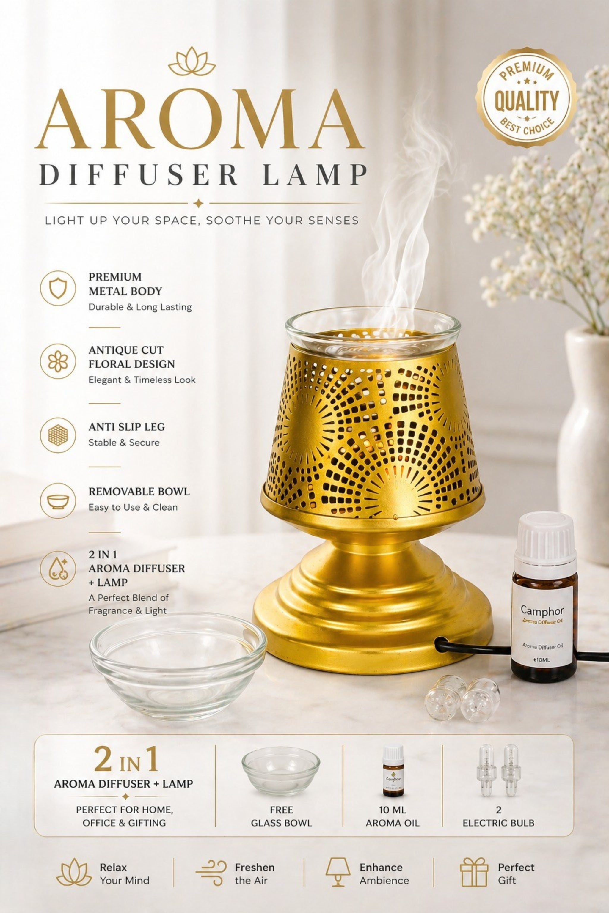 Premium Metal Aroma Diffuser Lamp with Glass Bowl | Elegant Cutwork Electric Oil Burner | Warm Ambient Light Aromatherapy Diffuser | Decorative Fragrance Lamp for Home, Office & Gifting
