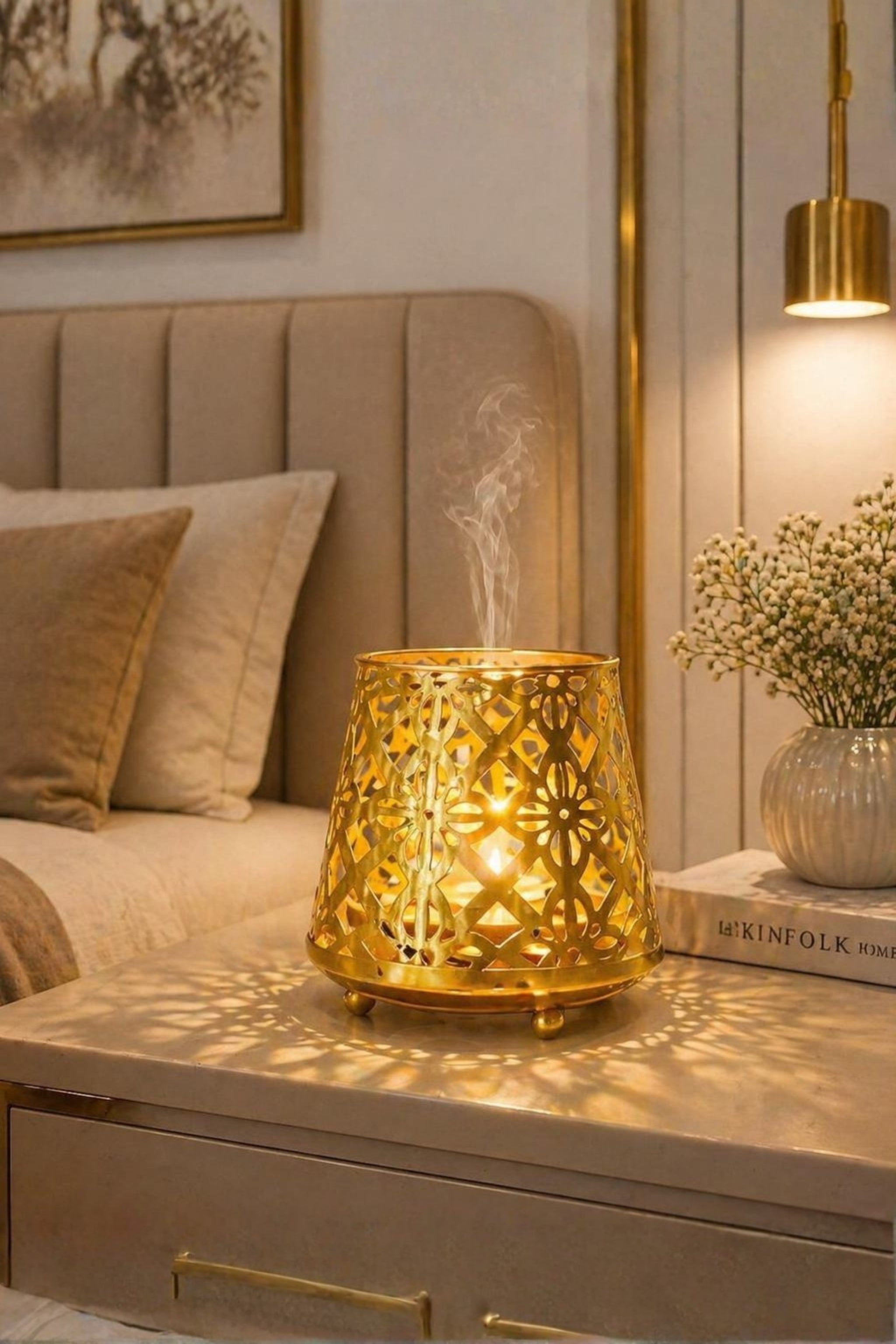 Metal Tea Light Aroma Diffuser For Temple & Home Decor | Golden Cutwork Fragrance Burner With Glass Bowl | Free 10 Ml Aroma Oil & 2 Tea Light Candles