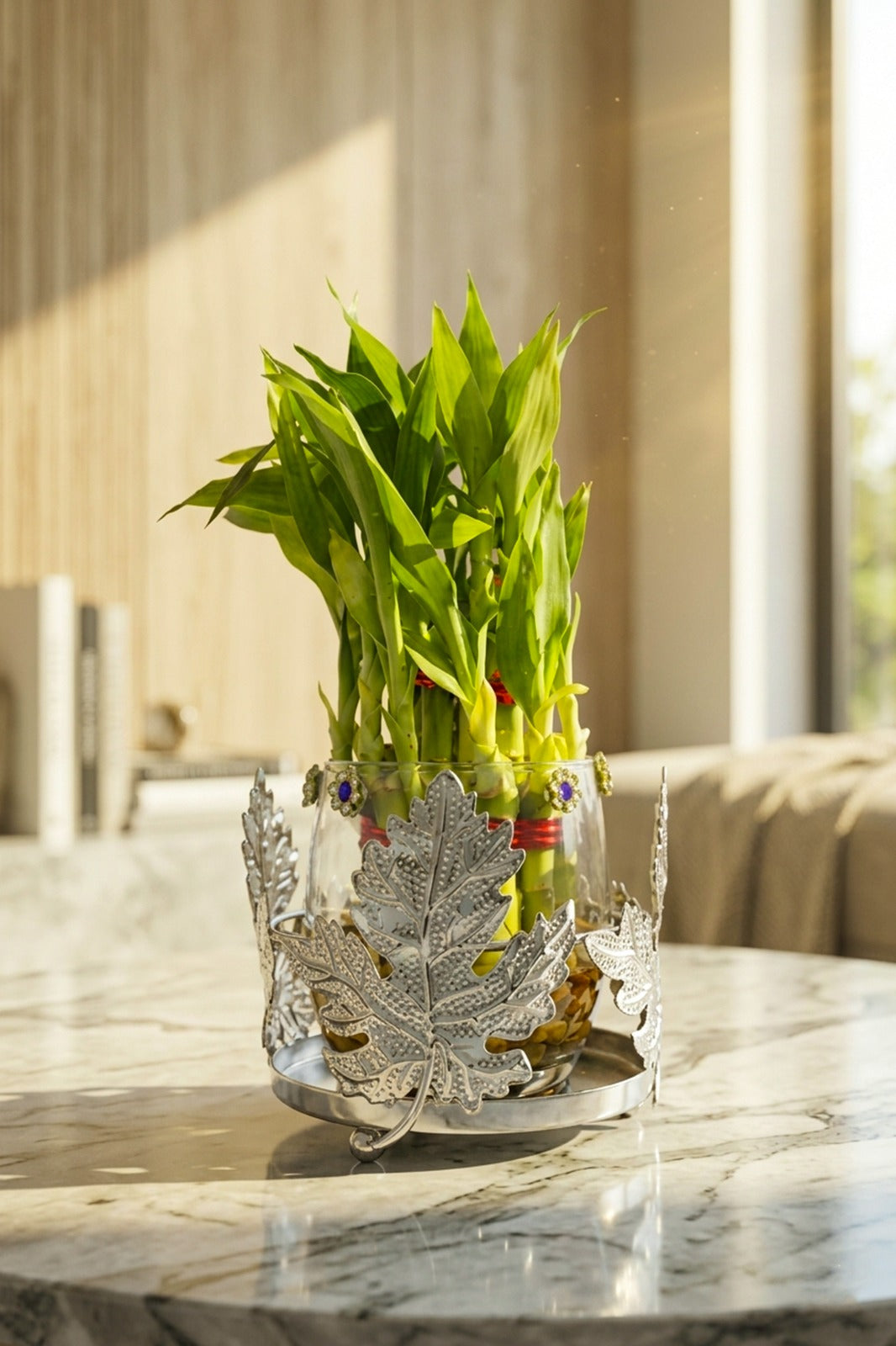 Lucky Bamboo Plant with Leaf Design Metal Holder & Glass Bowl | Decorative Indoor Feng Shui Plant for Home & Office