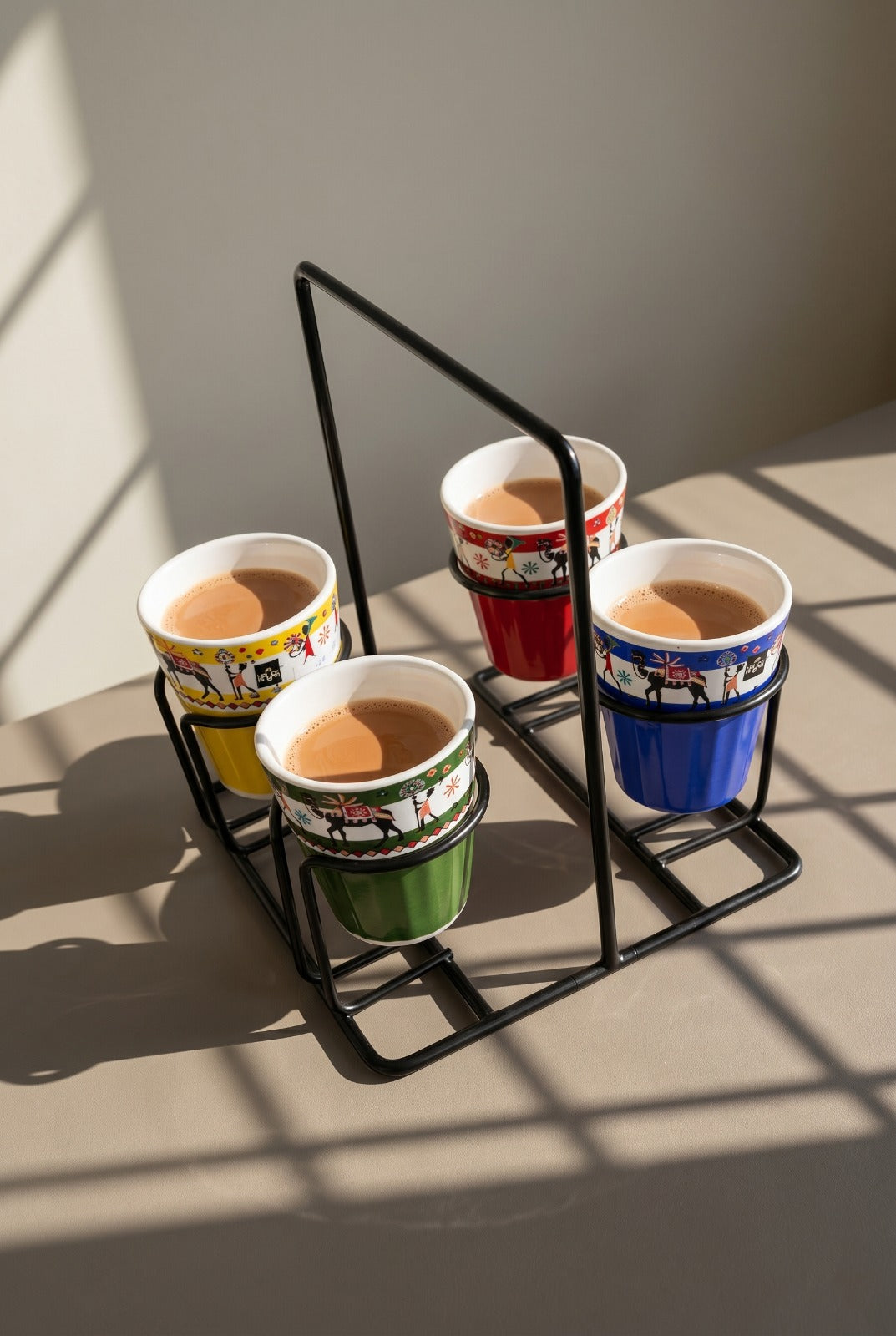 Printed Tea Glass Set Of 4 With Metal Stand | Designer Cutting Chai Cups With Iron Holder | Multicolor Ceramic Tea Cup Set For Home Kitchen & Gifting