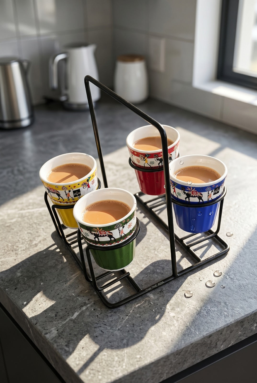 Printed Tea Glass Set Of 4 With Metal Stand | Designer Cutting Chai Cups With Iron Holder | Multicolor Ceramic Tea Cup Set For Home Kitchen & Gifting