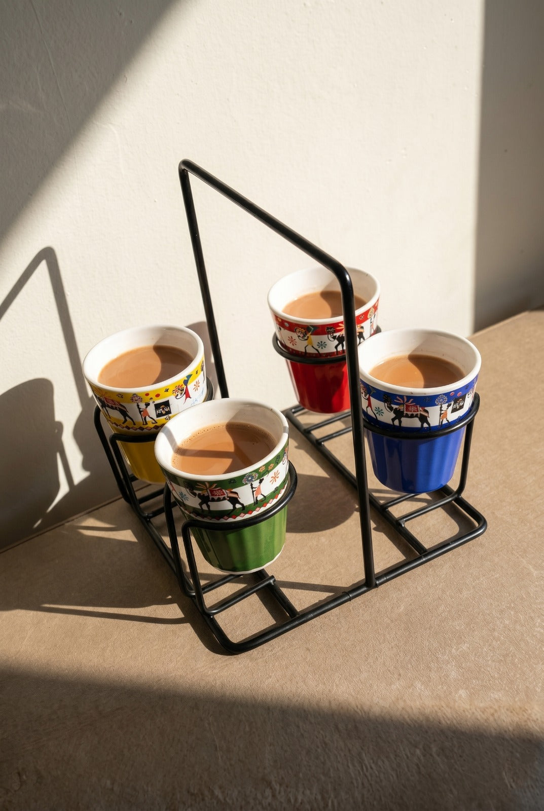Printed Tea Glass Set Of 4 With Metal Stand | Designer Cutting Chai Cups With Iron Holder | Multicolor Ceramic Tea Cup Set For Home Kitchen & Gifting