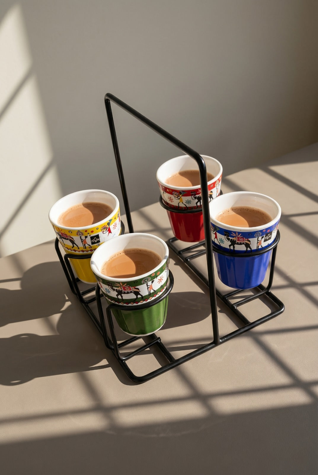 Printed Tea Glass Set Of 4 With Metal Stand | Designer Cutting Chai Cups With Iron Holder | Multicolor Ceramic Tea Cup Set For Home Kitchen & Gifting