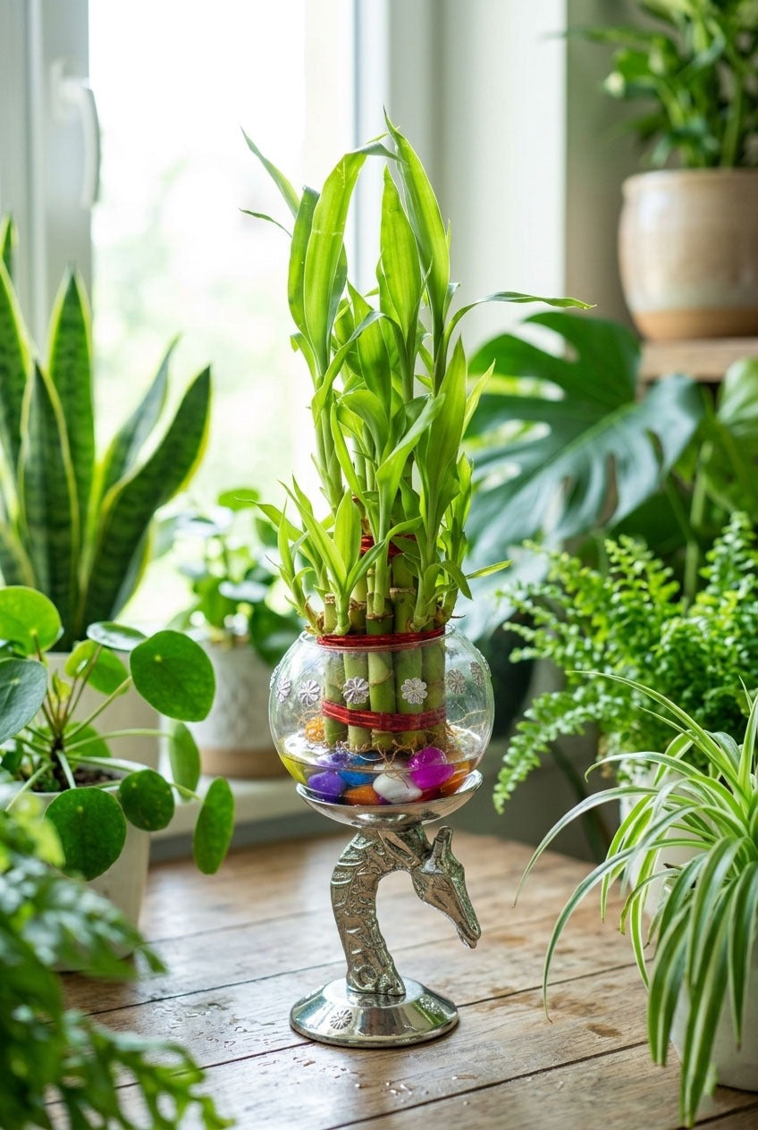 Lucky Bamboo Plant with Decorative Metal Stand & Glass Bowl | Feng Shui Indoor Plant for Home & Office Décor