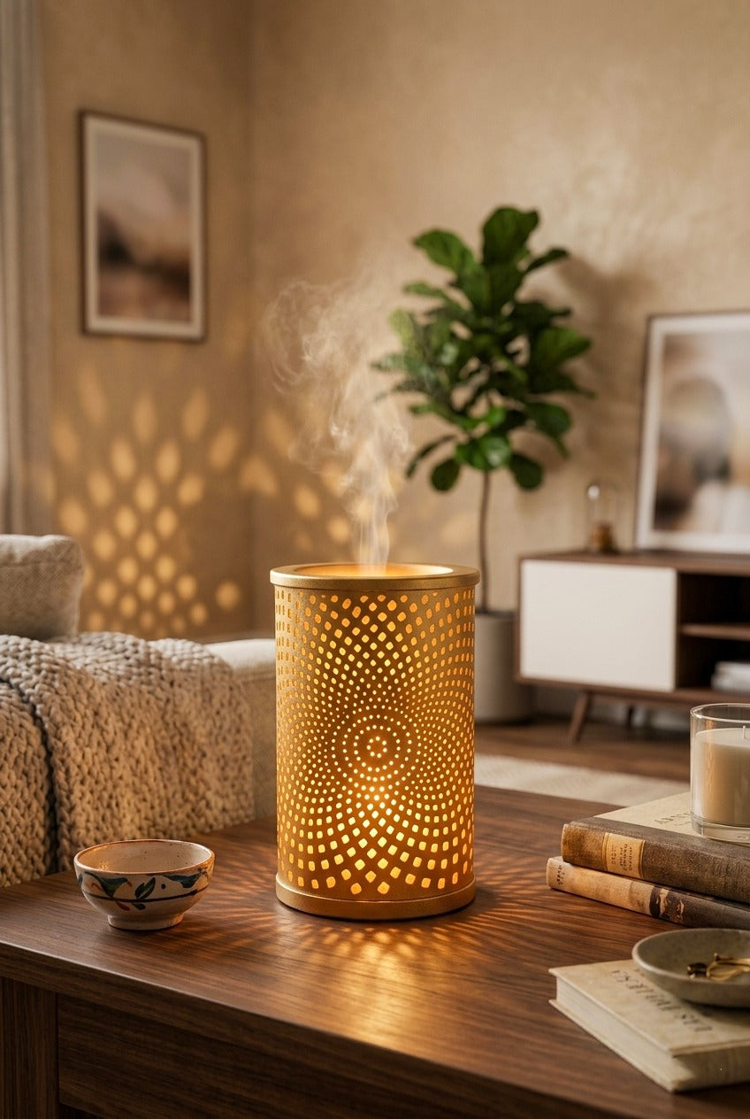 Modern Spiral Light Projection Electric Diffuser Lamp | Metal Aroma Burner with Warm Ambient Glow for Home Décor & Relaxation