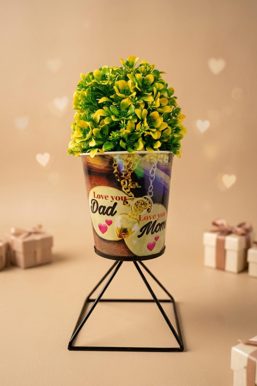 Artificial Plant in “Love You Mom Dad” Printed Metal Pot with Stand | Decorative Gift Plant for Parents