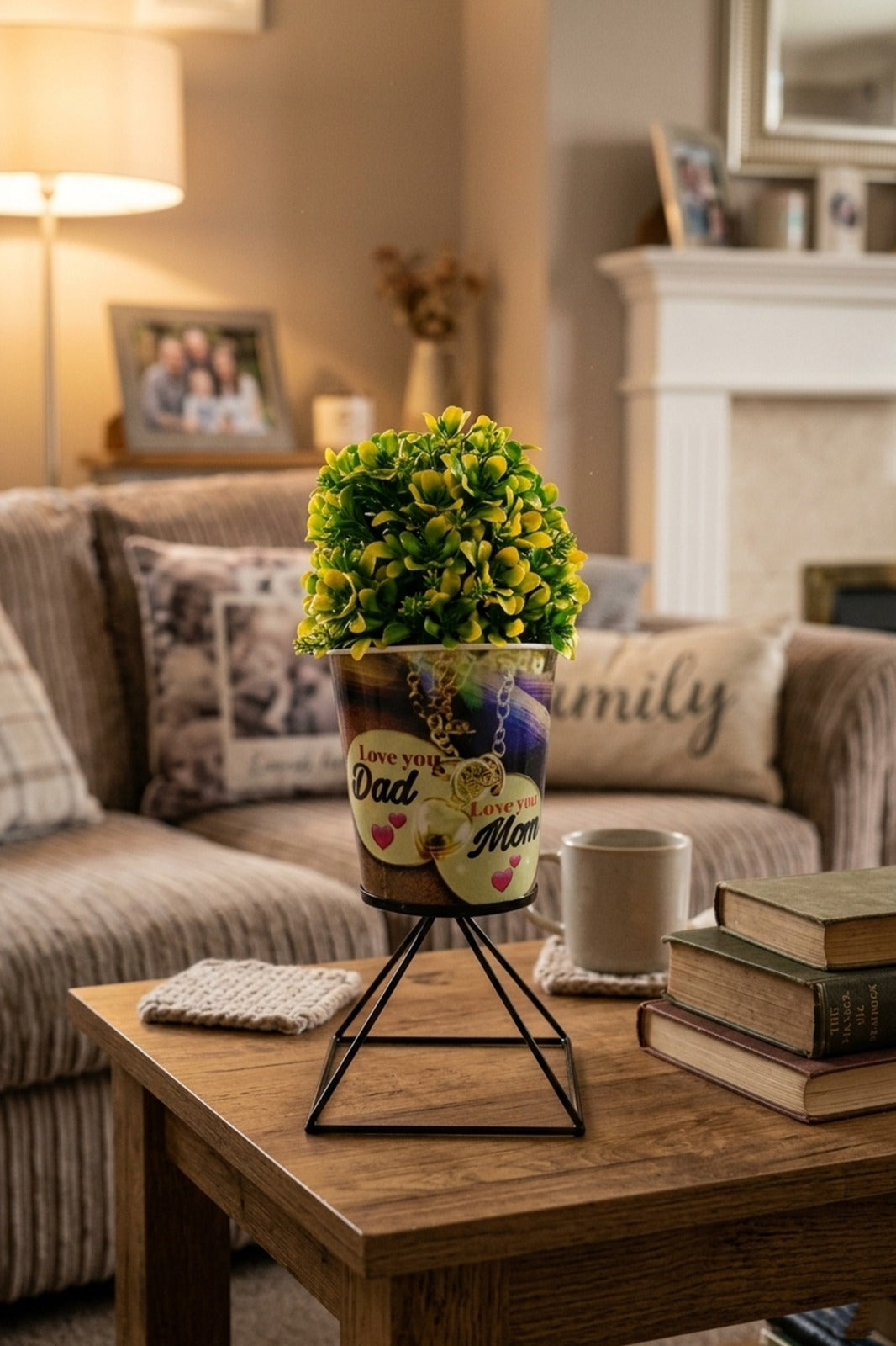 Artificial Plant in “Love You Mom Dad” Printed Metal Pot with Stand | Decorative Gift Plant for Parents