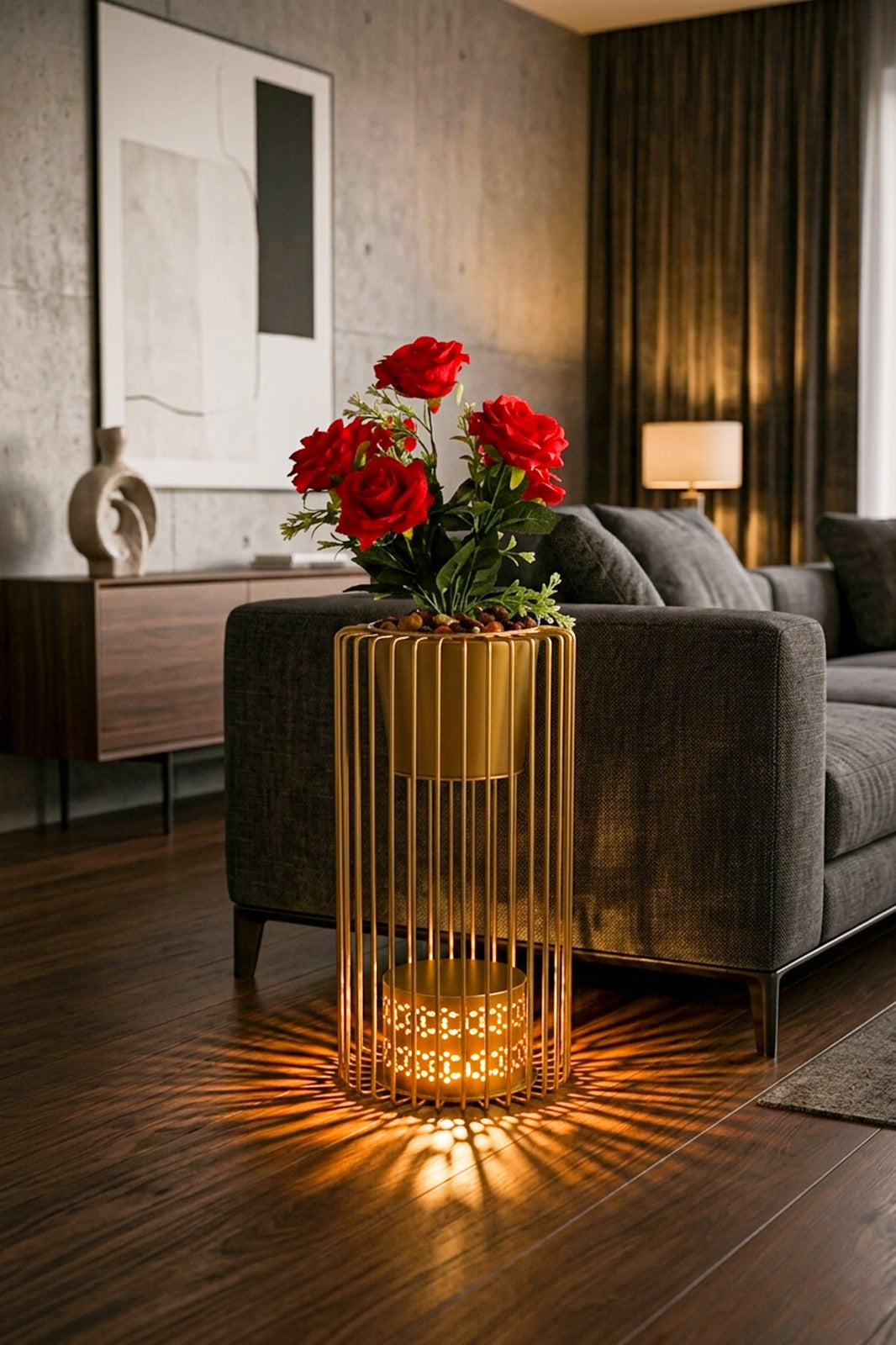 Artificial Red Rose Plant with Golden Metal Stand & Candle Holder | Luxury Floor Décor for Living Room