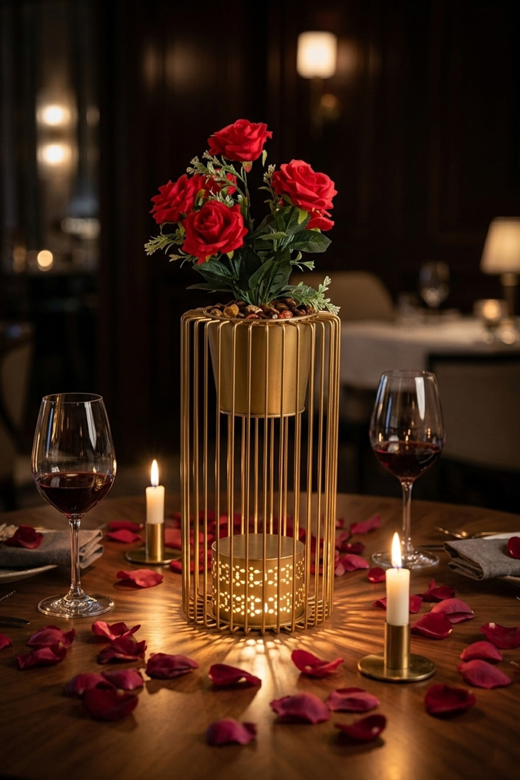 Artificial Red Rose Plant with Golden Metal Stand & Candle Holder | Luxury Floor Décor for Living Room