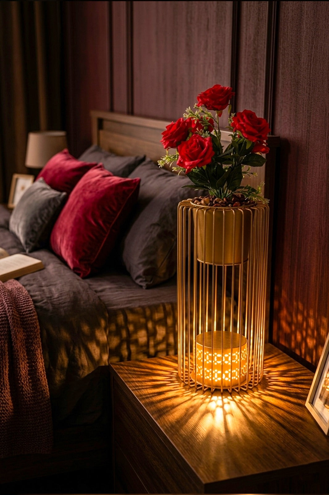 Artificial Red Rose Plant with Golden Metal Stand & Candle Holder | Luxury Floor Décor for Living Room