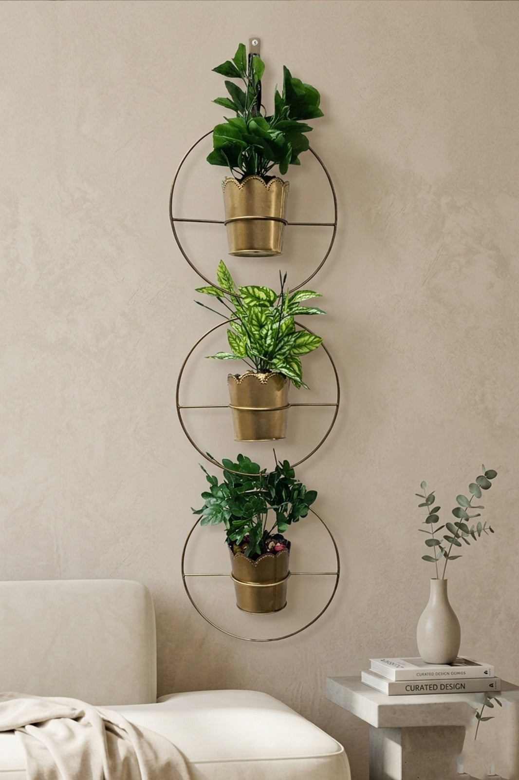 Artificial Plant Wall Hanging Set of 3 with Golden Metal Frame & Pots | Vertical Wall Décor for Home & Office