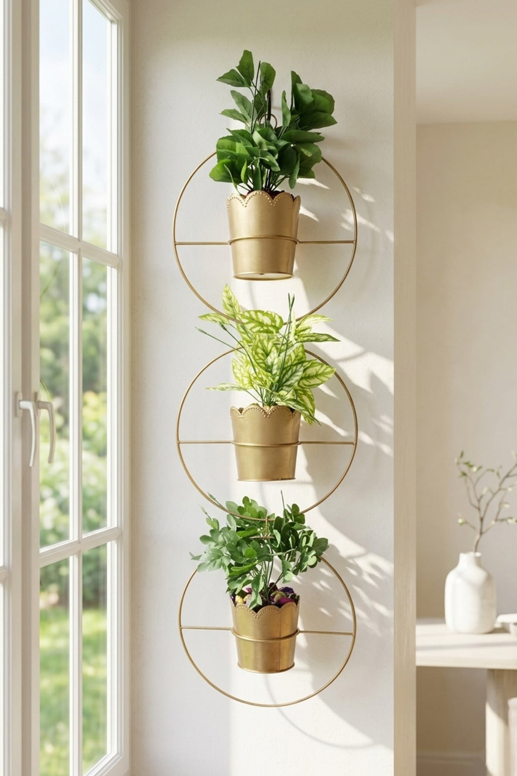 Artificial Plant Wall Hanging Set of 3 with Golden Metal Frame & Pots | Vertical Wall Décor for Home & Office