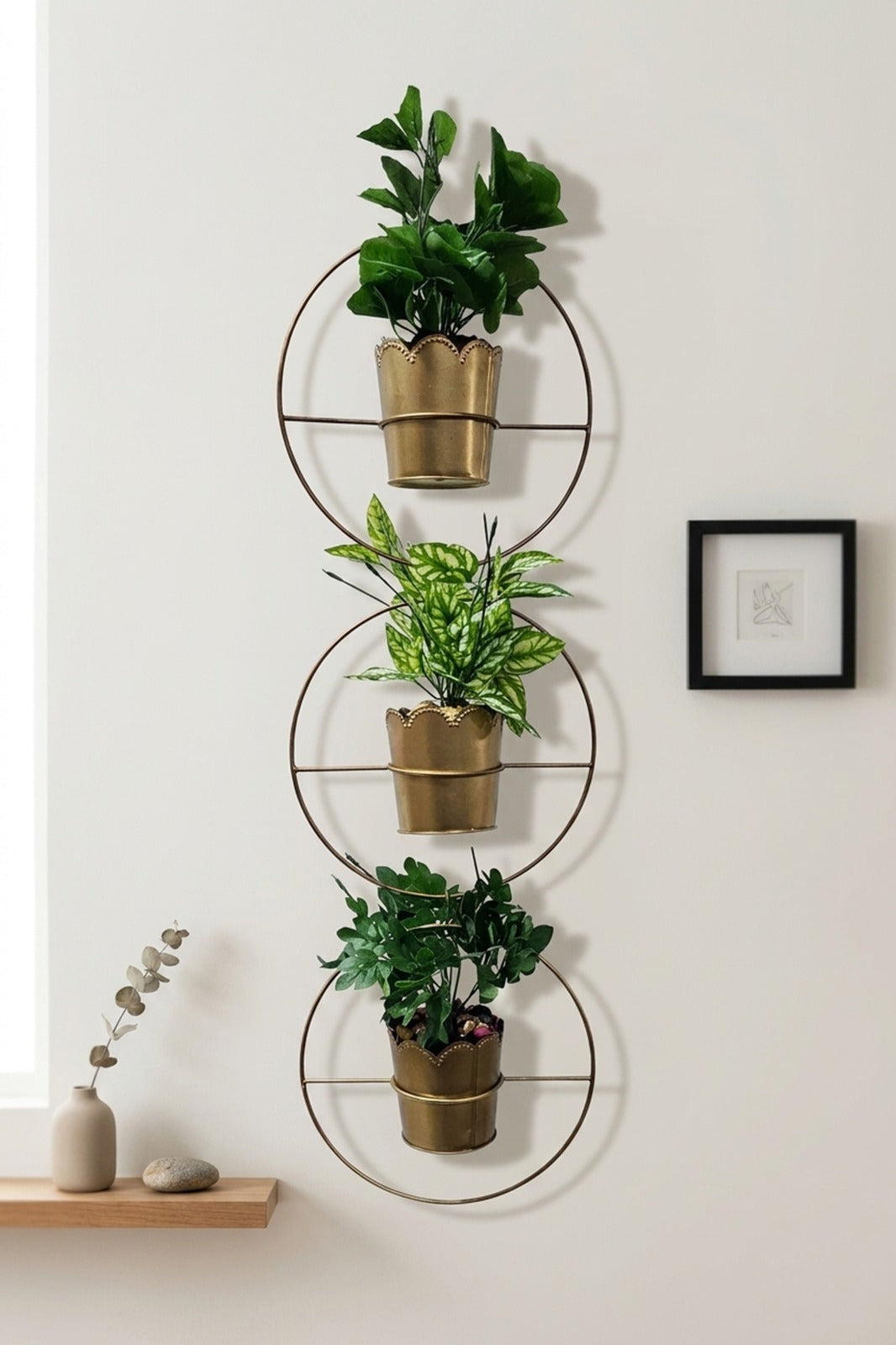 Artificial Plant Wall Hanging Set of 3 with Golden Metal Frame & Pots | Vertical Wall Décor for Home & Office