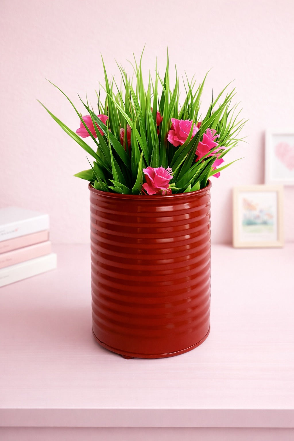 Artificial Green Grass with Pink Flowers in Red Metal Pot | Decorative Indoor Tabletop Plant for Home & Office