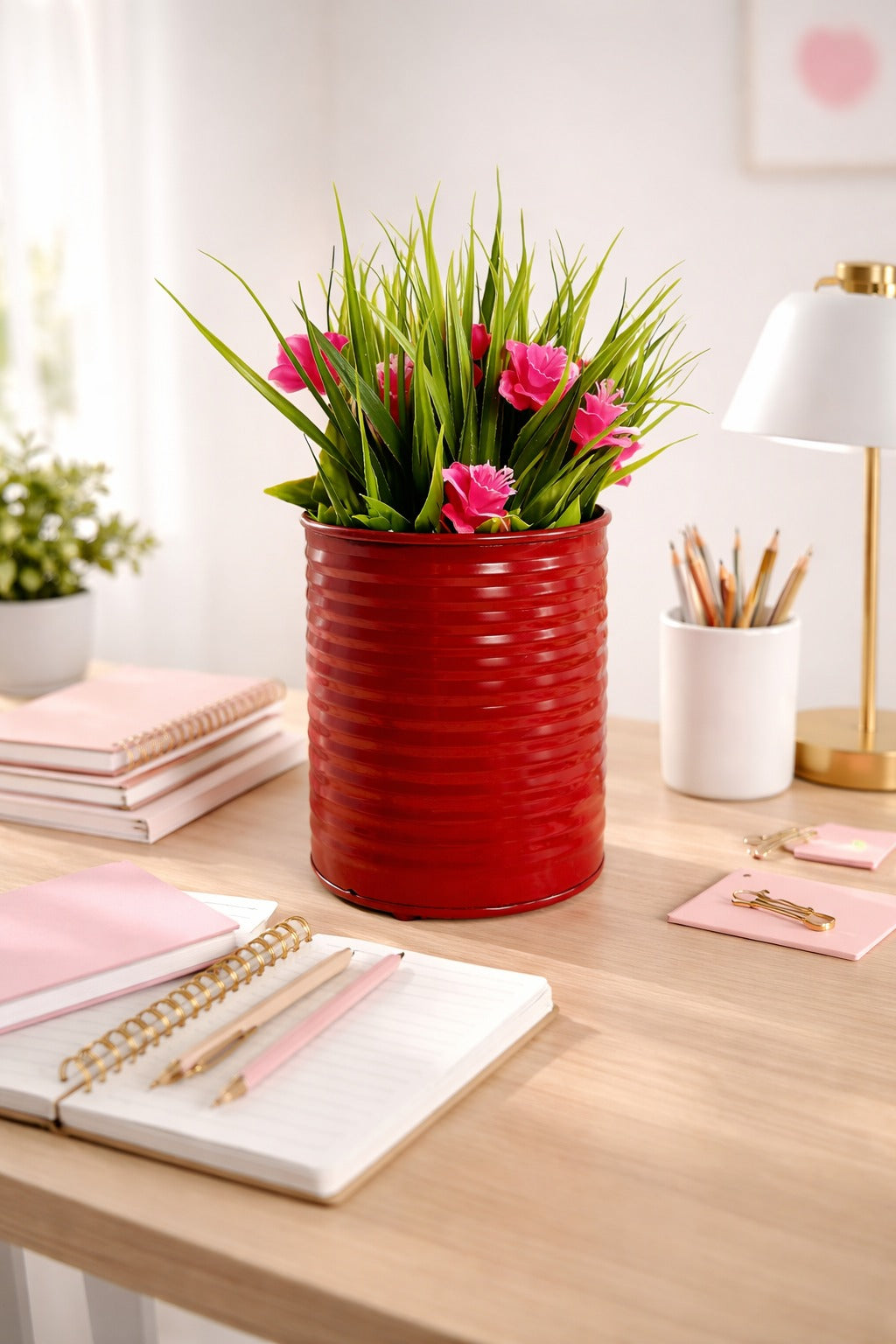 Artificial Green Grass with Pink Flowers in Red Metal Pot | Decorative Indoor Tabletop Plant for Home & Office