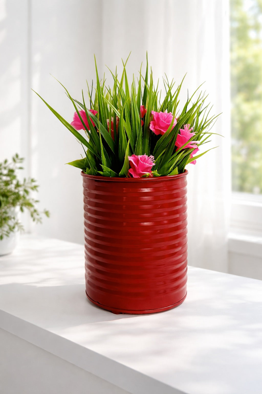 Artificial Green Grass with Pink Flowers in Red Metal Pot | Decorative Indoor Tabletop Plant for Home & Office