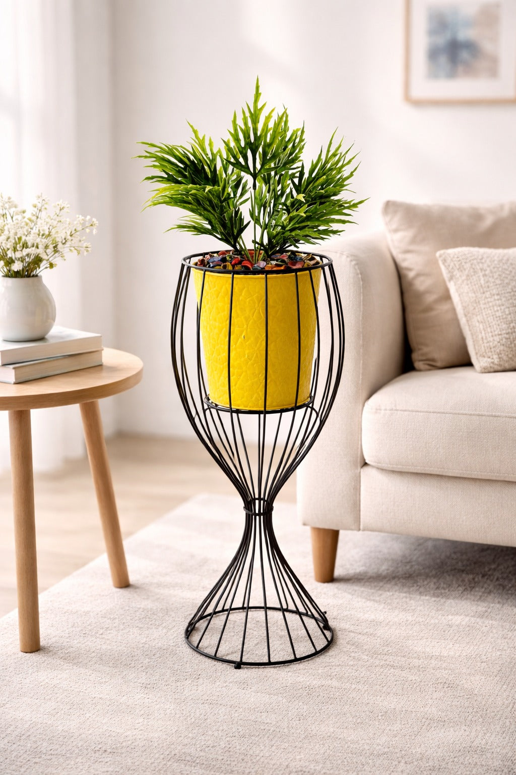 Artificial Green Plant in Textured Yellow Metal Pot with Black Wire Stand | Modern Tabletop Home & Office Décor