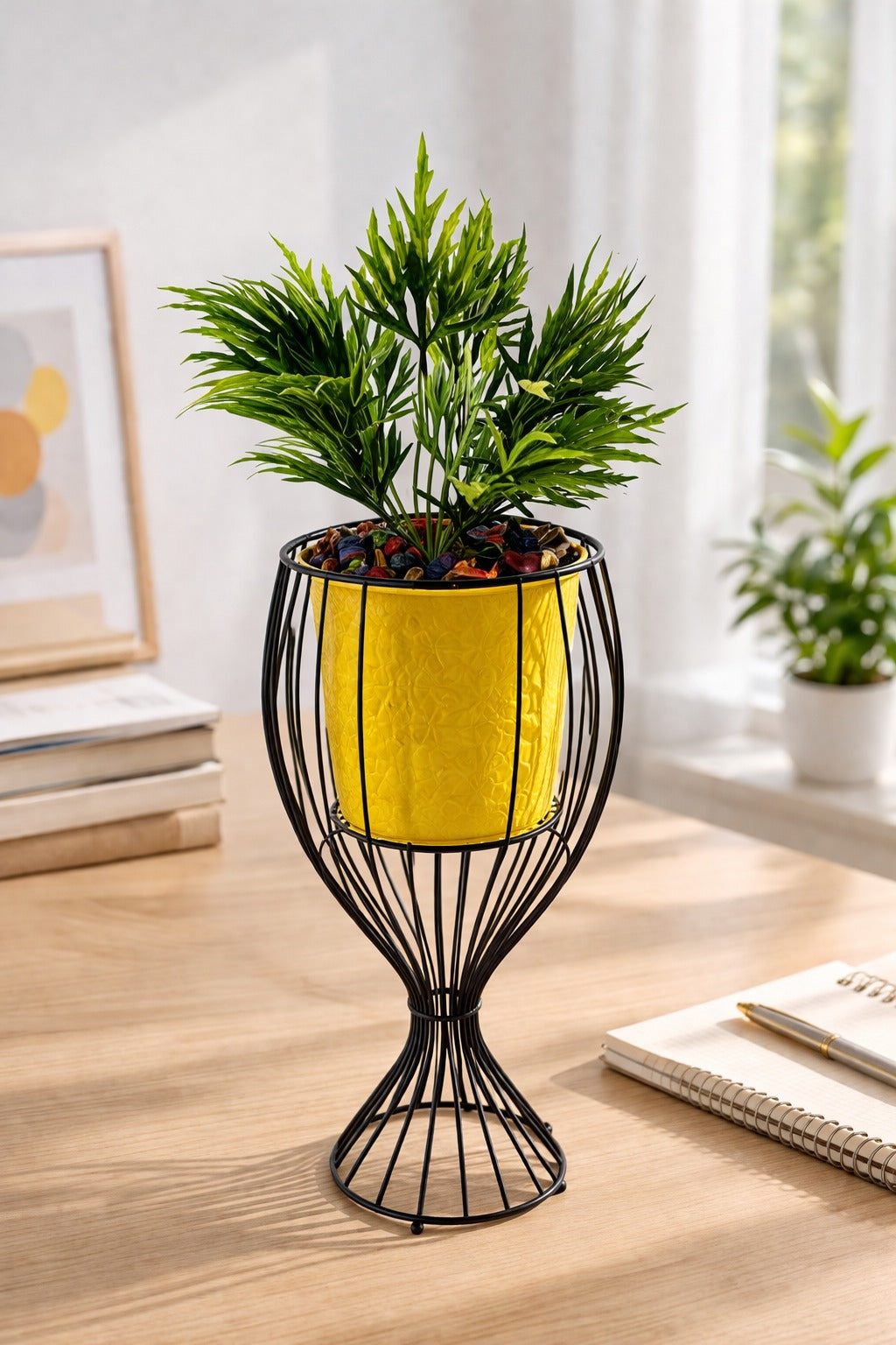 Artificial Green Plant in Textured Yellow Metal Pot with Black Wire Stand | Modern Tabletop Home & Office Décor