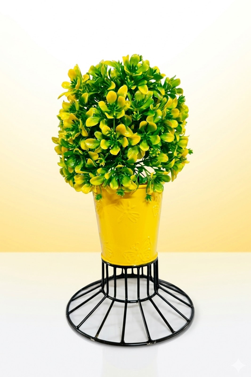 Artificial Green Bush Plant in Yellow Embossed Metal Pot with Stand | Modern Tabletop Décor