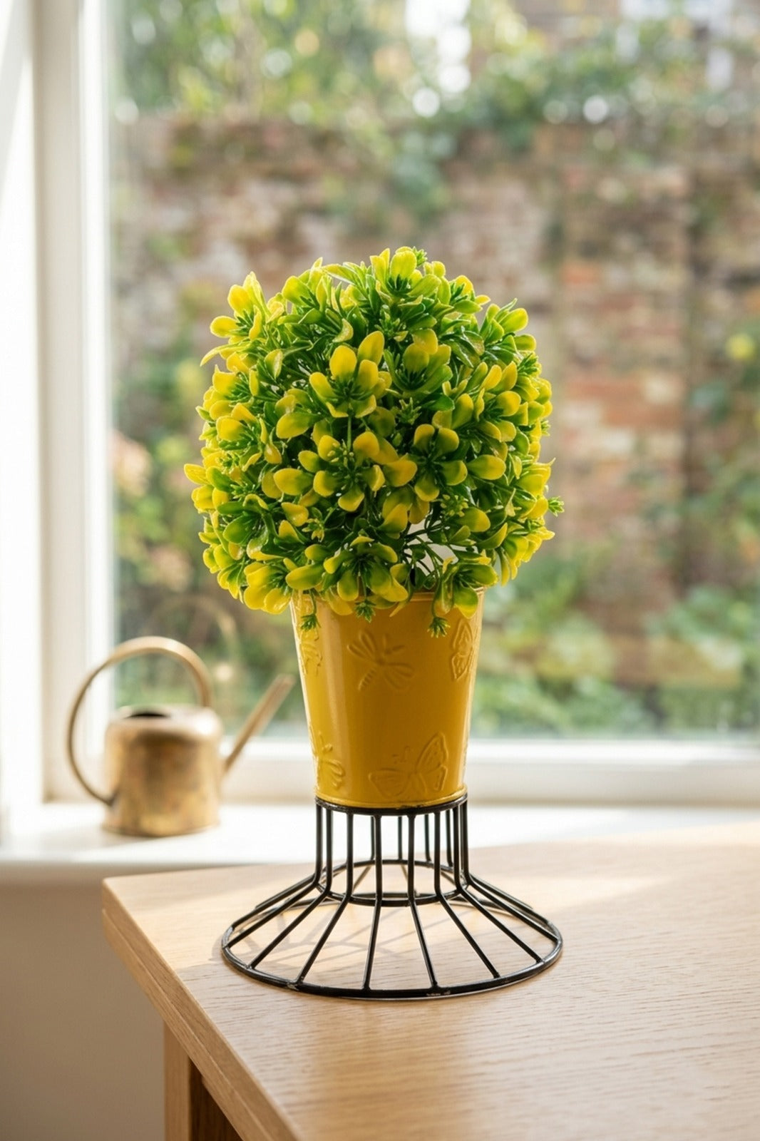 Artificial Green Bush Plant in Yellow Embossed Metal Pot with Stand | Modern Tabletop Décor