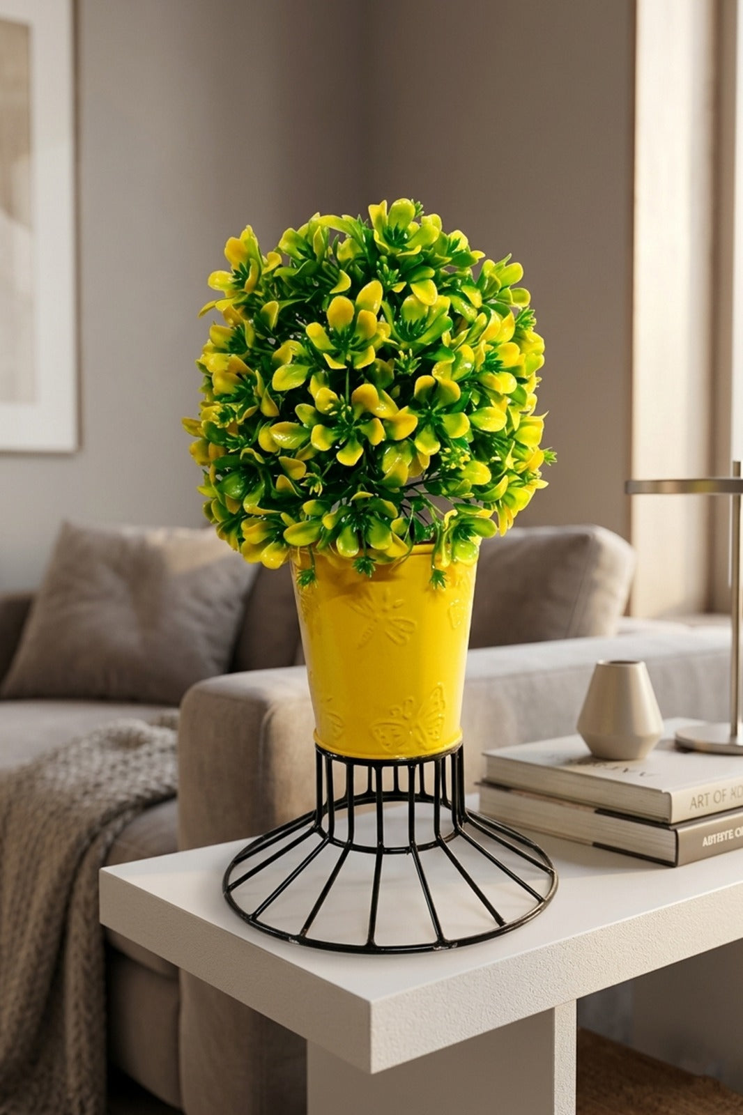 Artificial Green Bush Plant in Yellow Embossed Metal Pot with Stand | Modern Tabletop Décor