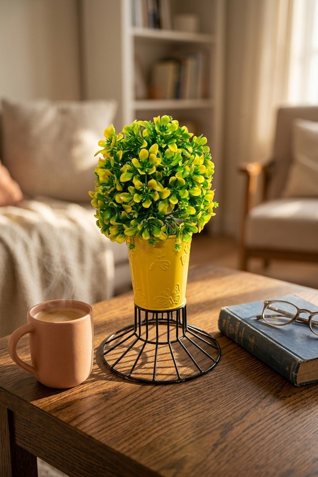 Artificial Green Bush Plant in Yellow Embossed Metal Pot with Stand | Modern Tabletop Décor