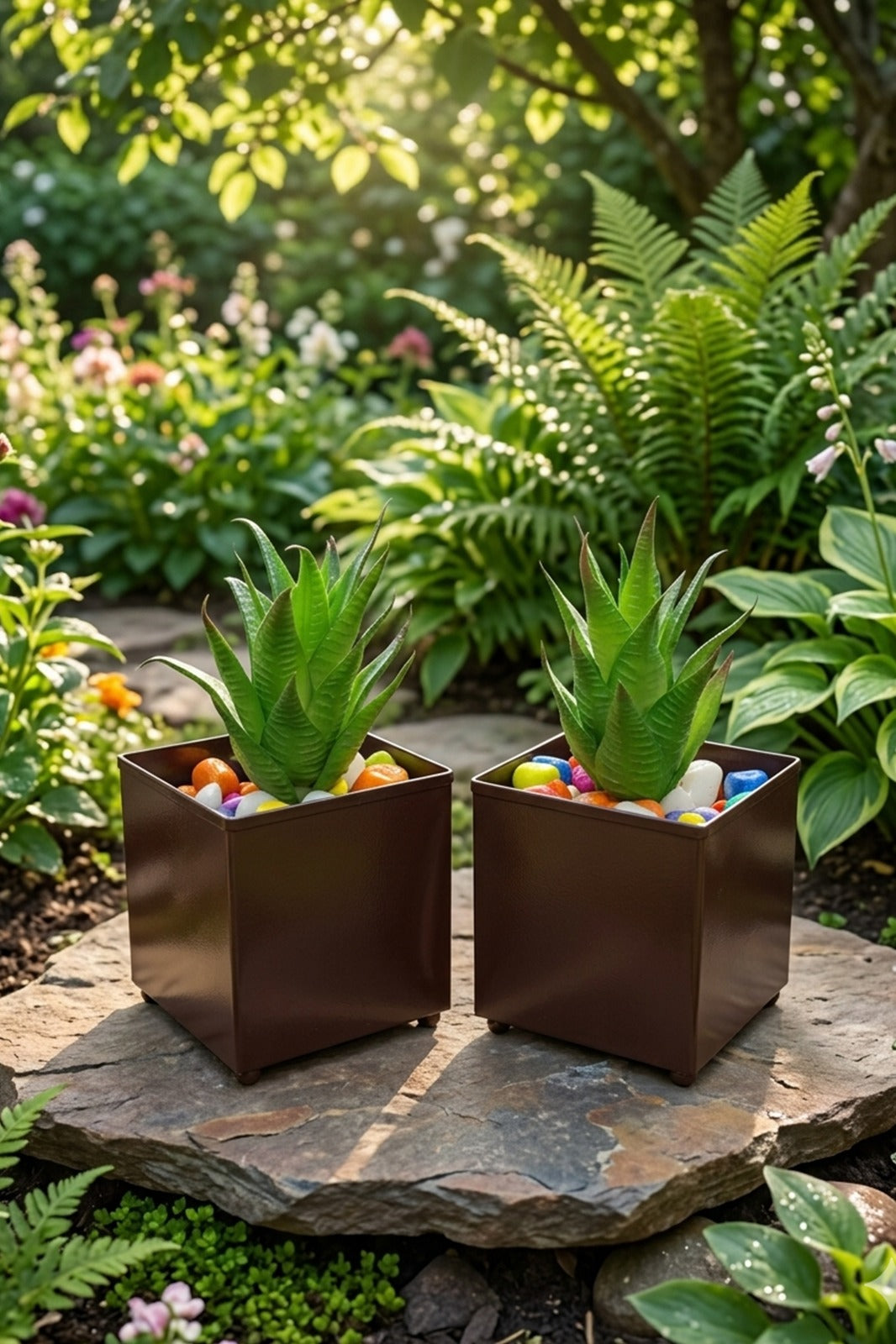 Set of 2 Artificial Succulent Plants in Brown Metal Square Pots | Modern Indoor & Outdoor Décor