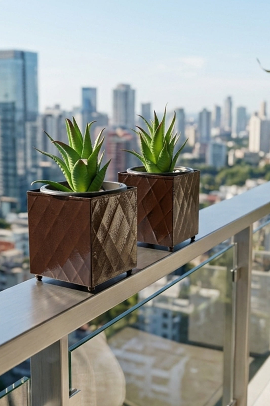 Set of 2 Artificial Succulent Plants in Brown Metal Square Pots | Modern Indoor & Outdoor Décor