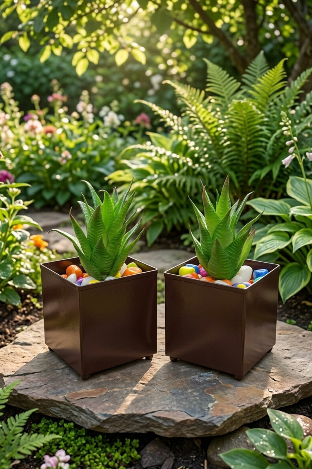 Set of 2 Artificial Succulent Plants in Brown Metal Square Pots | Modern Indoor & Outdoor Décor