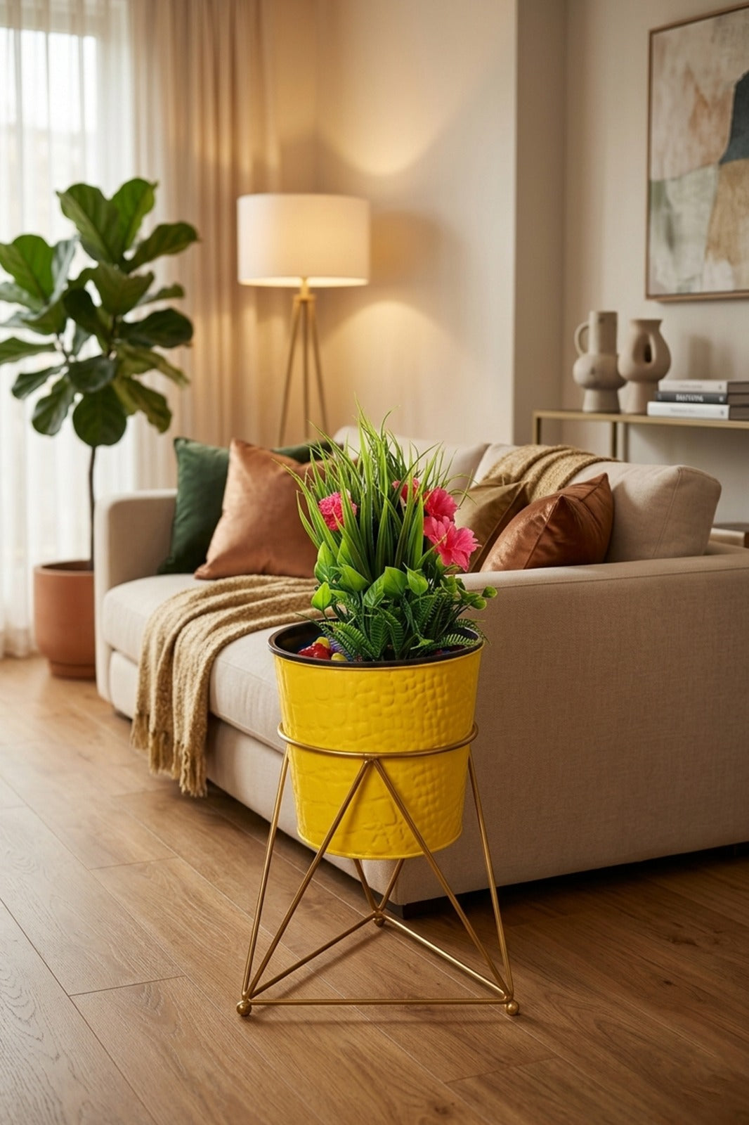 Artificial Green Plant with Pink Flowers in Yellow Metal Pot with Stand | Modern Tabletop Décor