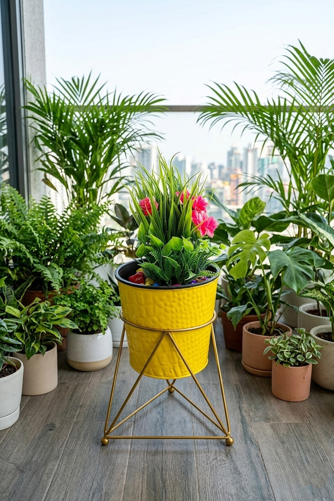 Artificial Green Plant with Pink Flowers in Yellow Metal Pot with Stand | Modern Tabletop Décor