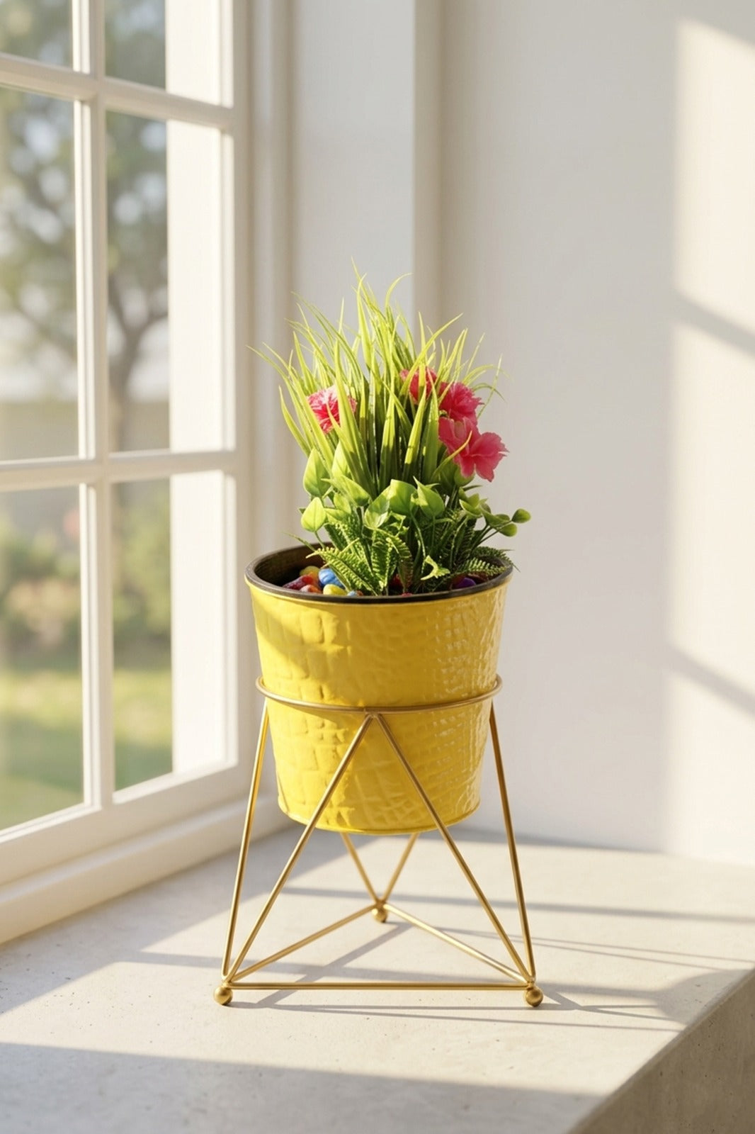 Artificial Green Plant with Pink Flowers in Yellow Metal Pot with Stand | Modern Tabletop Décor