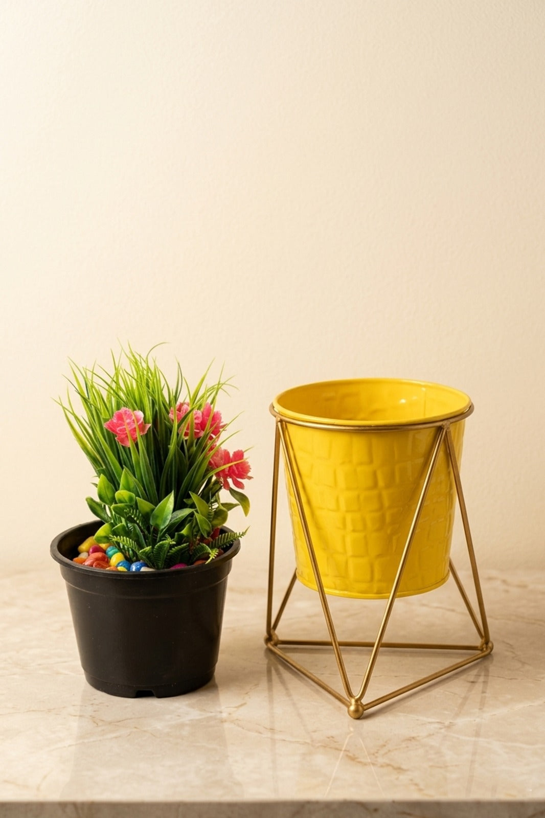 Artificial Green Plant with Pink Flowers in Yellow Metal Pot with Stand | Modern Tabletop Décor