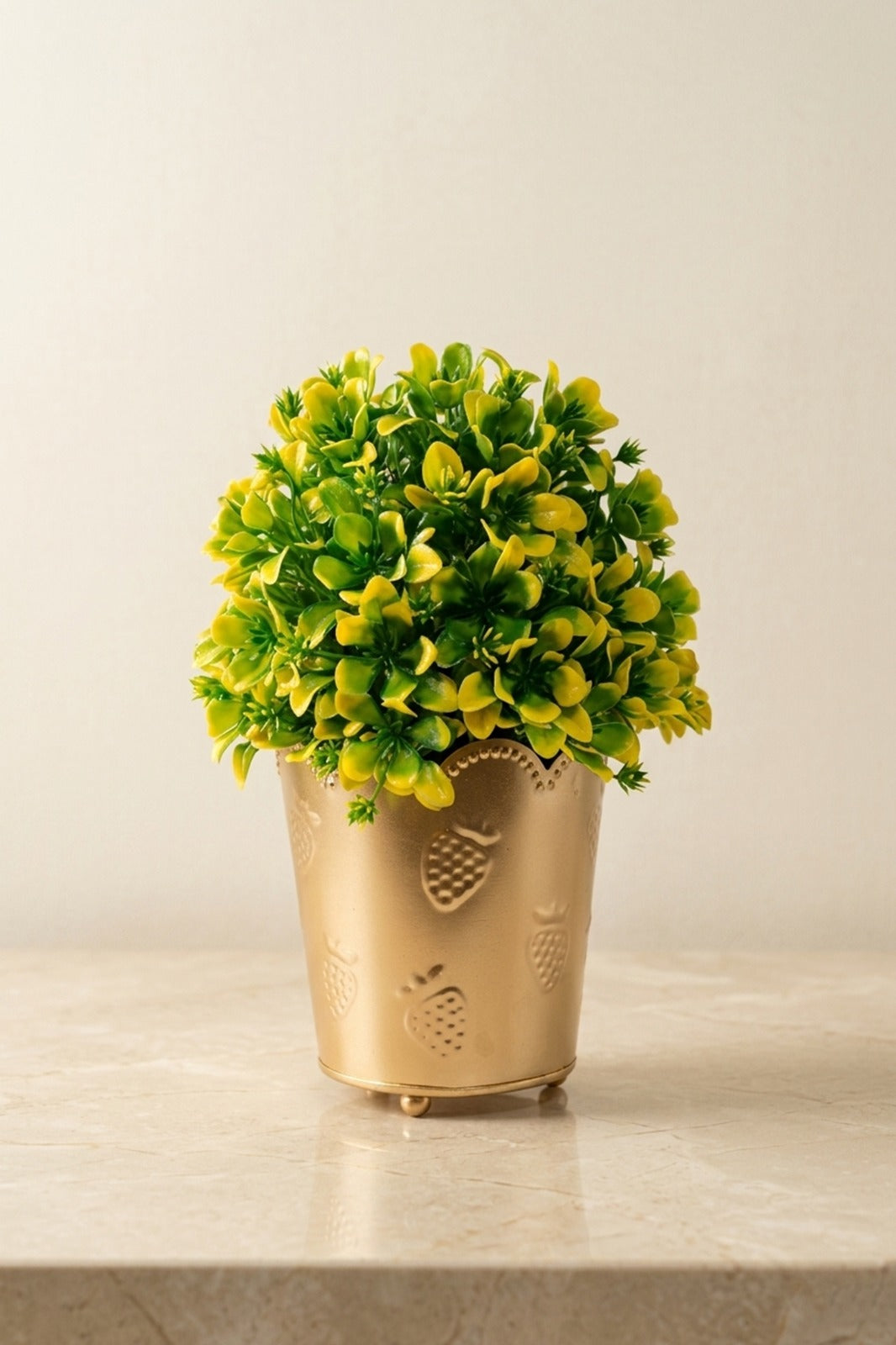 Artificial Green Bush Plant in Golden Embossed Metal Pot | Elegant Tabletop Home Decor