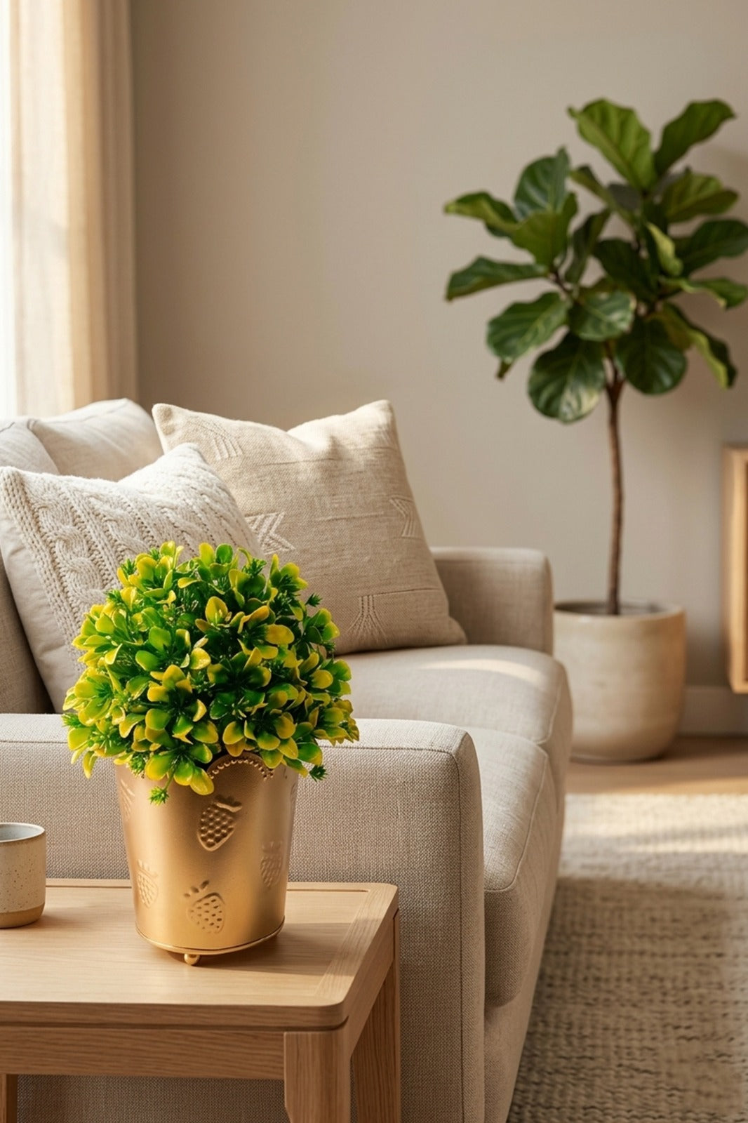 Artificial Green Bush Plant in Golden Embossed Metal Pot | Elegant Tabletop Home Decor