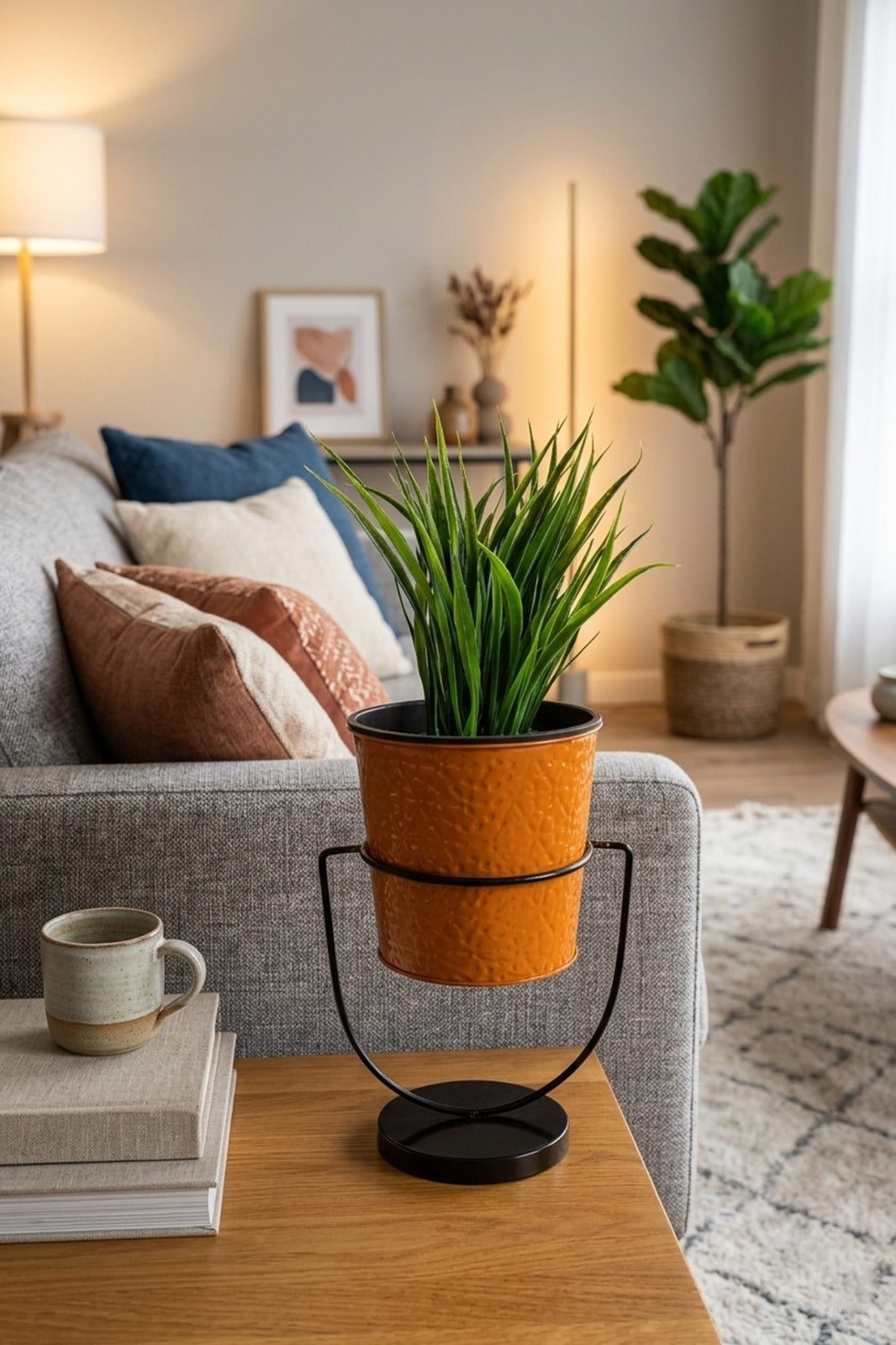 Artificial Green Grass Plant in Hammered Copper Finish Metal Pot with Stand | Modern Tabletop Décor