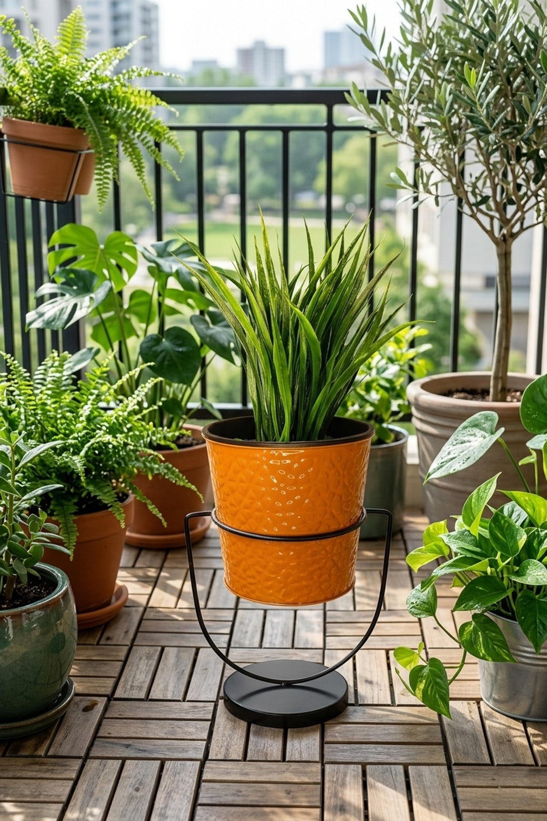 Artificial Green Grass Plant in Hammered Copper Finish Metal Pot with Stand | Modern Tabletop Décor