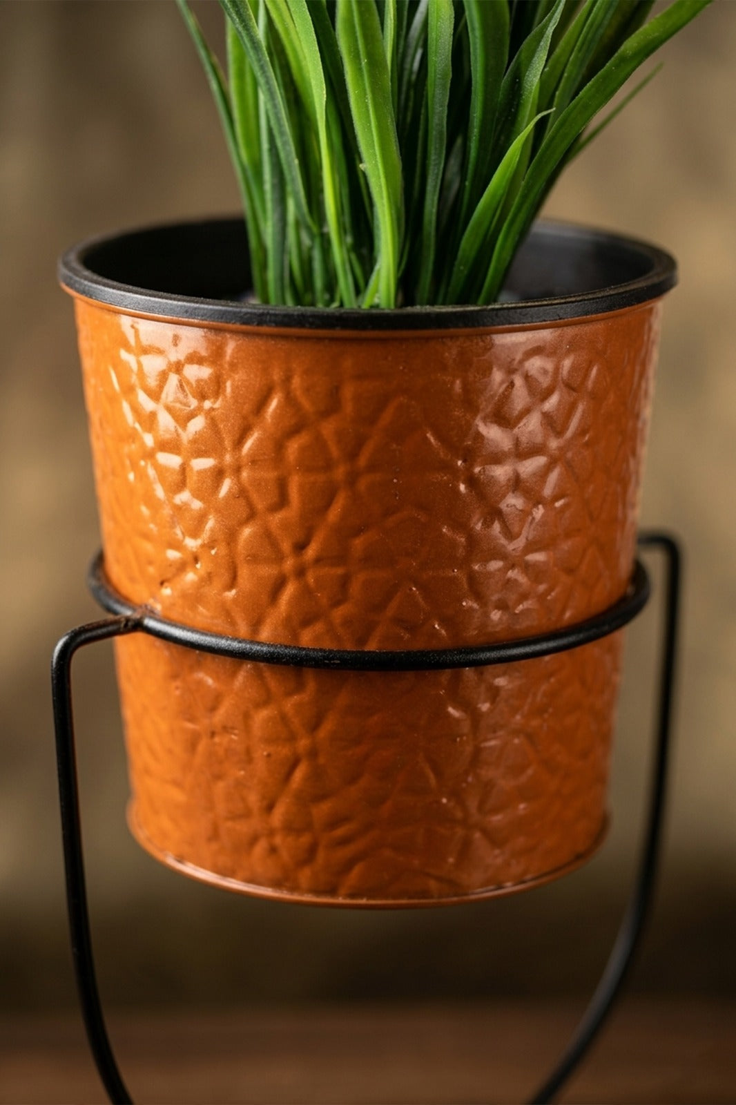 Artificial Green Grass Plant in Hammered Copper Finish Metal Pot with Stand | Modern Tabletop Décor