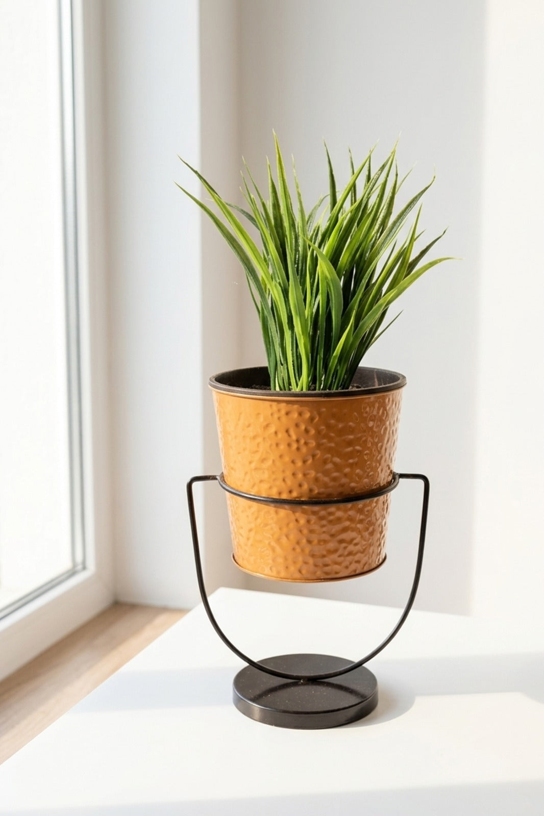 Artificial Green Grass Plant in Hammered Copper Finish Metal Pot with Stand | Modern Tabletop Décor