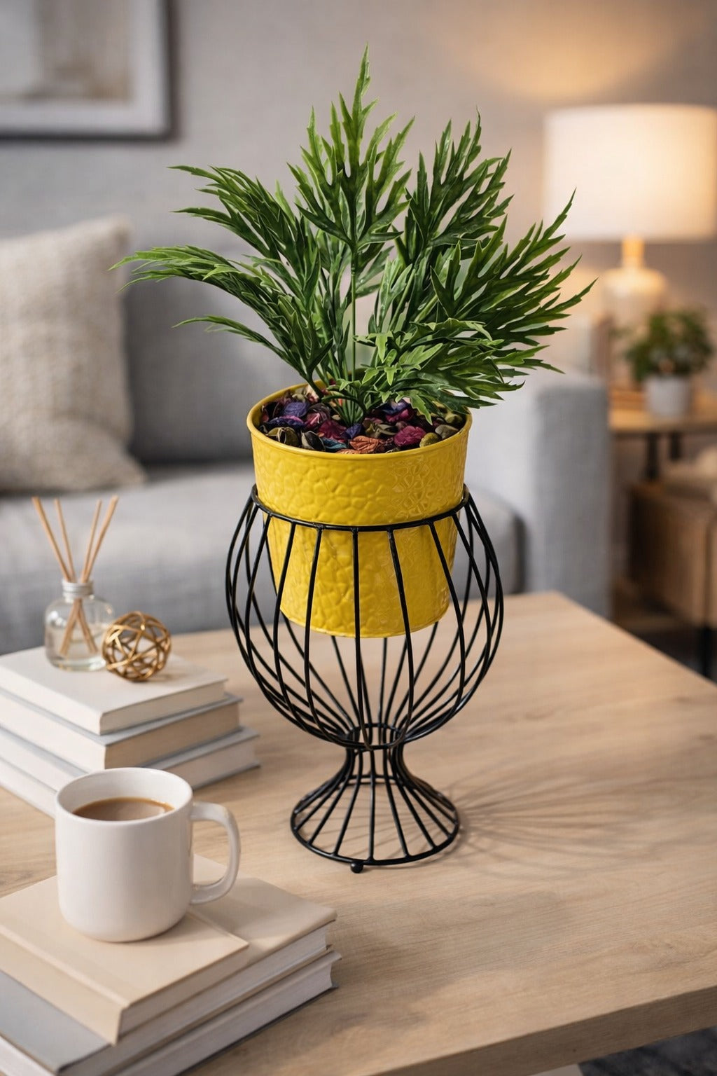 Artificial Green Plant in Textured Yellow Metal Pot with Black Wire Stand | Modern Tabletop Home & Office Décor