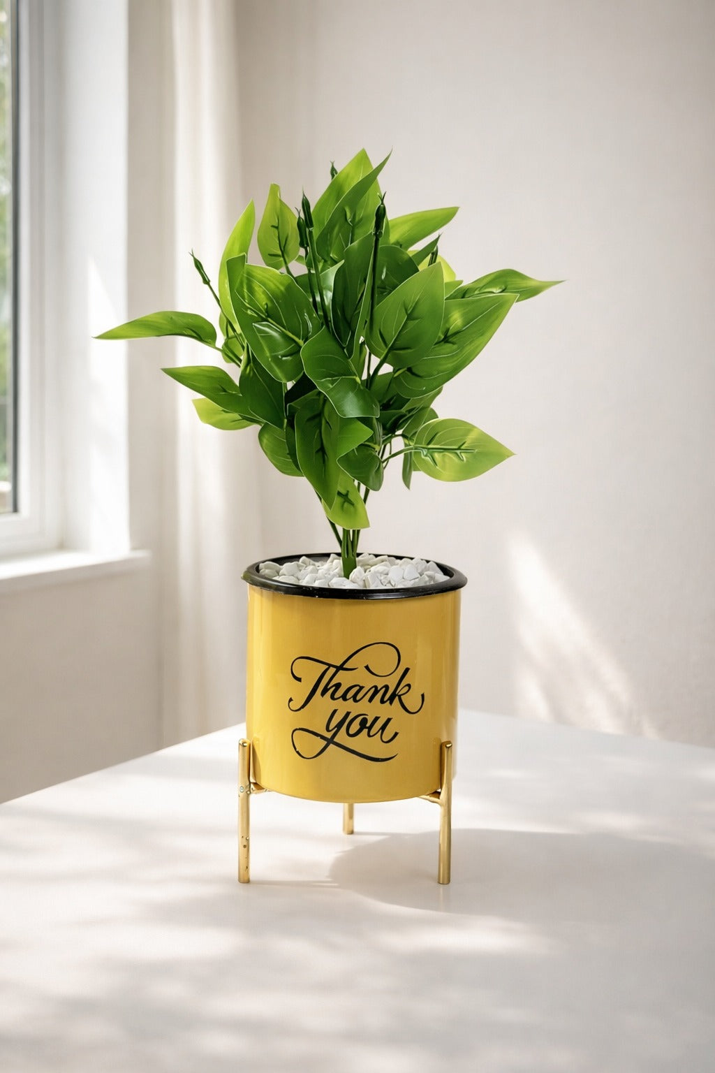 Artificial Green Plant in Thank You Printed Metal Pot with Stand | Decorative Indoor Desk & Gift Plant