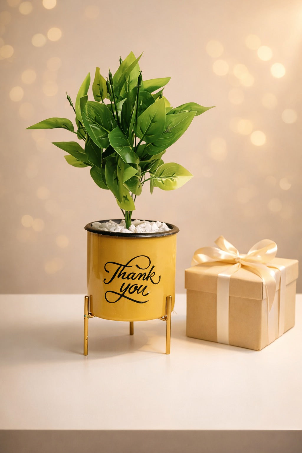 Artificial Green Plant in Thank You Printed Metal Pot with Stand | Decorative Indoor Desk & Gift Plant
