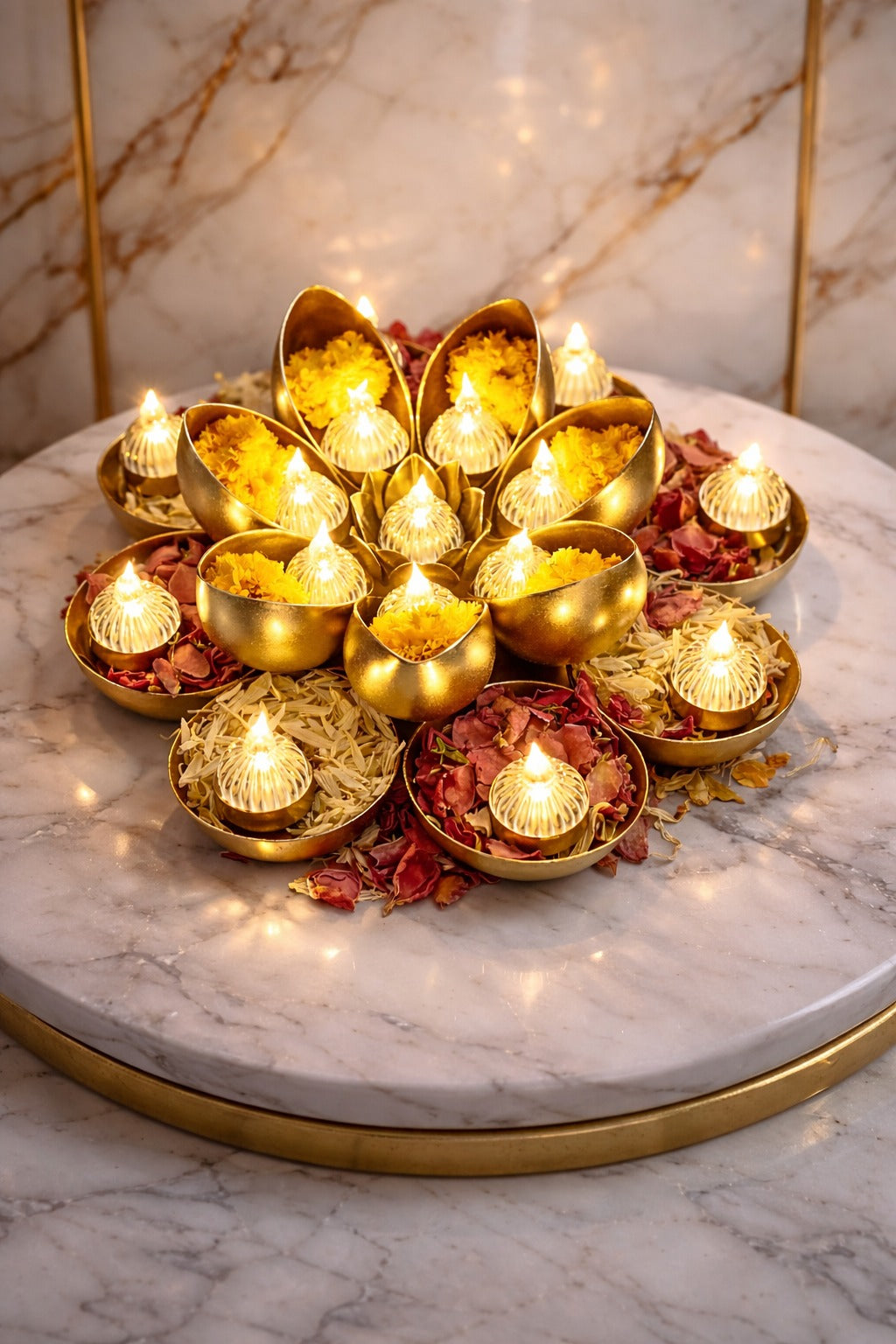Golden Metal Urli Cum Tealight Holder Set | Decorative Diya & Flower Urli for Festive Home Décor