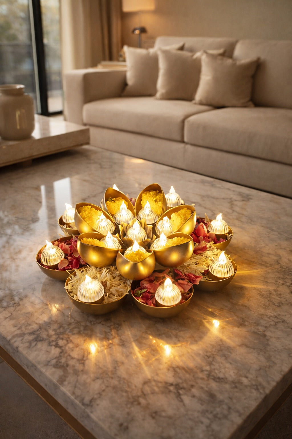 Golden Metal Urli Cum Tealight Holder Set | Decorative Diya & Flower Urli for Festive Home Décor