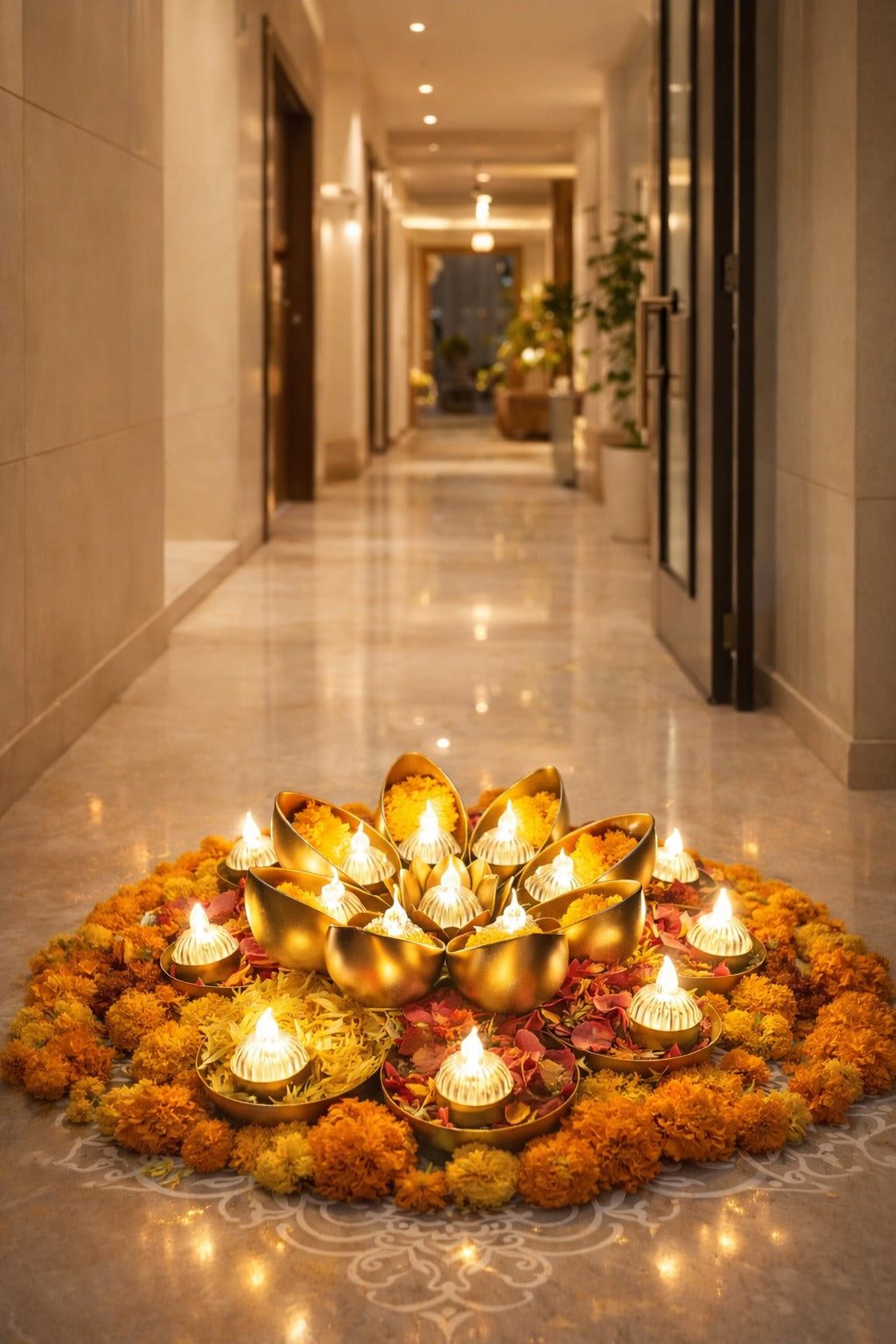 Golden Metal Urli Cum Tealight Holder Set | Decorative Diya & Flower Urli for Festive Home Décor