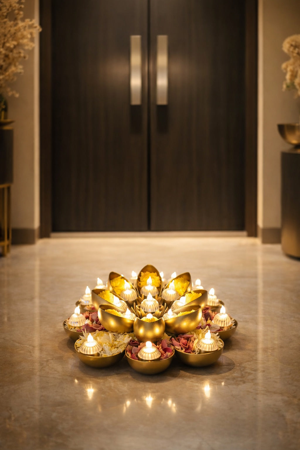 Golden Metal Urli Cum Tealight Holder Set | Decorative Diya & Flower Urli for Festive Home Décor