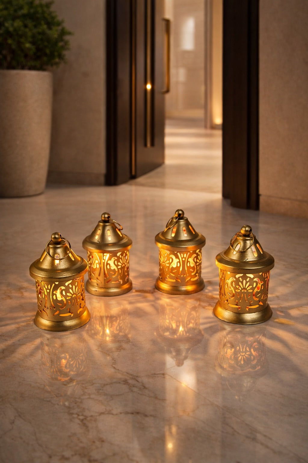 Set of 4 Golden Metal Tealight Lantern Holders | Decorative Hanging Candle Lanterns for Home & Festive Décor