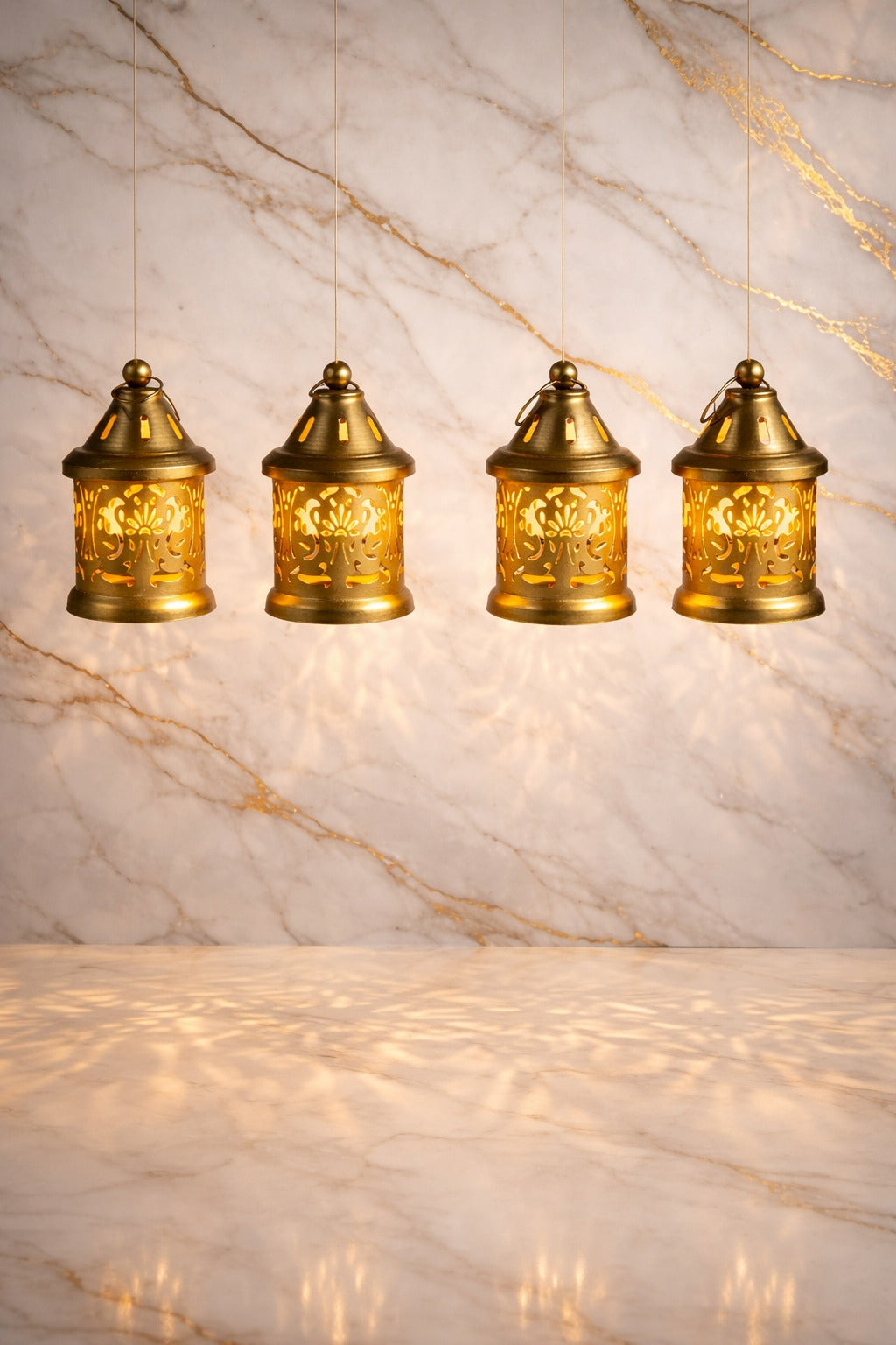 Set of 4 Golden Metal Tealight Lantern Holders | Decorative Hanging Candle Lanterns for Home & Festive Décor