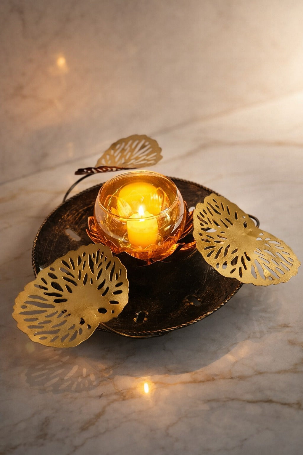 Decorative Metal Leaf Tealight Holder with Glass Candle Cup | Elegant Tabletop Centerpiece